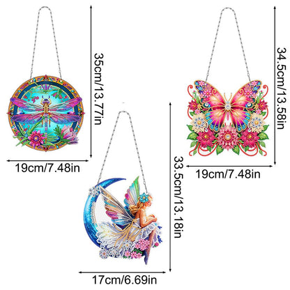 3Pcs DIY Hanging Diamond Art Pendant Kit Butterfly Dragonfly Fairy, Special Crystal Acrylic Diamonds Painting Ornament Kit for Adults, 5D Diamond Art Suncatchers Gem Painting Box Kit (Pink)