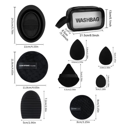 MAANGE 30pcs Professional Makeup Brush Set With Velvet Bag&5pcs Beauty Blender&2pcs Makeup Remover Puff&5pcs Triangle Powder Puff&3pcs Mini Thumb Puff&Toiletry Bag&2pcs Cleaning Mat (Blacksliver)