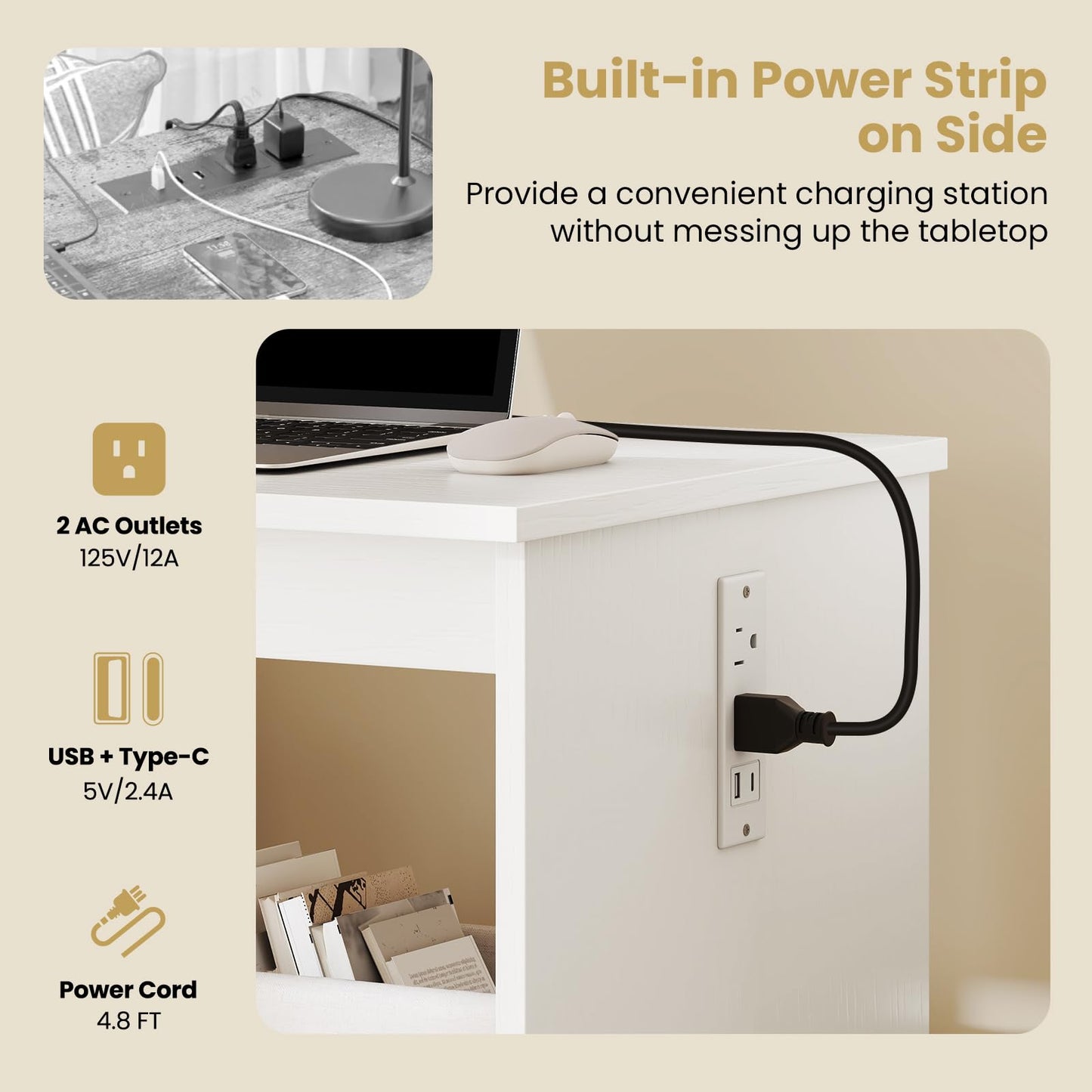 Giantex Folding Sewing Table with Charging Station, Rolling Craft Table with Storage Trays & Shelf, Foldable Sewing Machine Cabinet Desk with Lockable Wheels for Small Spaces (White)