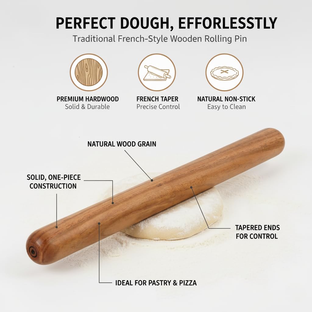 Marubhumi French-Style Rolling Pin, Premium Hardwood with Natural Wood Grain, 18 Inch Tapered Design for Pastry and Pizza, Non-Stick Surface, Solid One-Piece Construction, Brown