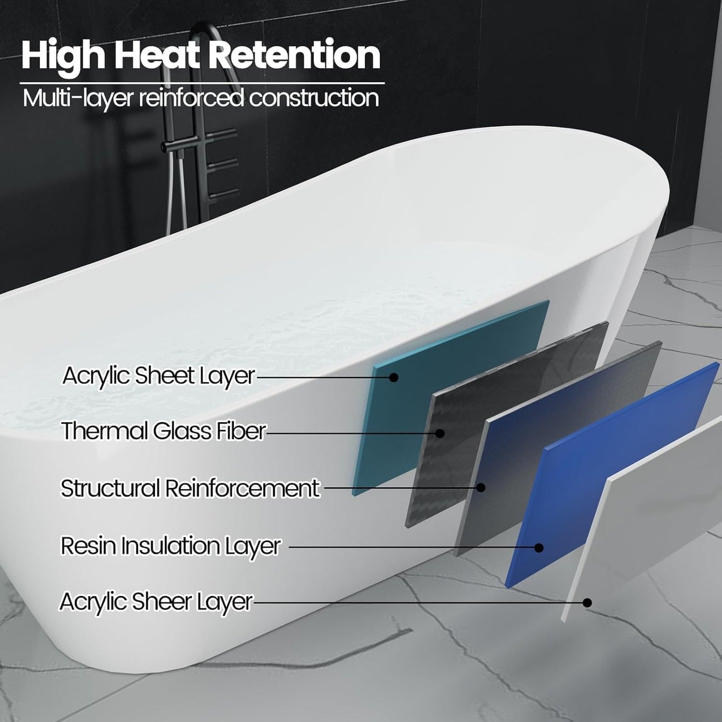 67" Freestanding Bathtub, Black Exterior White Interior Acrylic Stand Alone Soaking Tub, Modern Oval Bath with Ergonomic Design and Chrome Drain for Bathroom Remodel and Home Spa