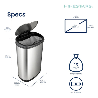 Ninestars 13 Gallon Oval Automatic Trash Can, 50L Touchless Motion Sensor Garbage Can with Odor-Sealing Lid & One-Touch Manual Mode, Silver Stainless Steel, Black Trim