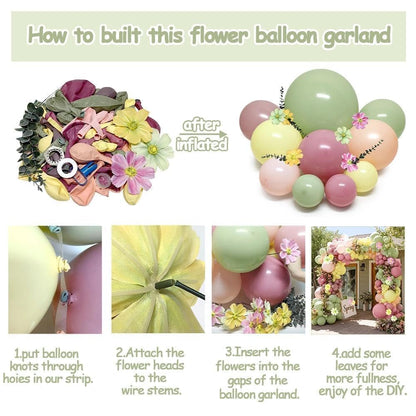 Pastel Pink Yellow Green Balloon Arch with Artificial Flower Double Stuffed Dusty Green Pink Peach Mauve Balloon Garland Kit for Tea Party Wildflower Spring Birthday Baby Shower Fairy Party Decor