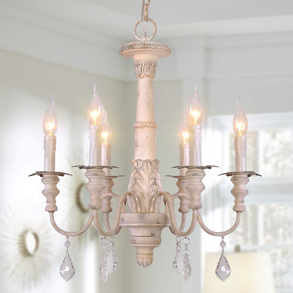 OSAIRUOS French Country Candle Style Chandelier, Handmade White Distressed Wood Lighting Ceiling Light Fixture Pendant Lamp Chandeliers for Dining Living Room Bathroom W20.8