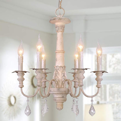 OSAIRUOS French Country Candle Style Chandelier, Handmade White Distressed Wood Lighting Ceiling Light Fixture Pendant Lamp Chandeliers for Dining Living Room Bathroom W20.8