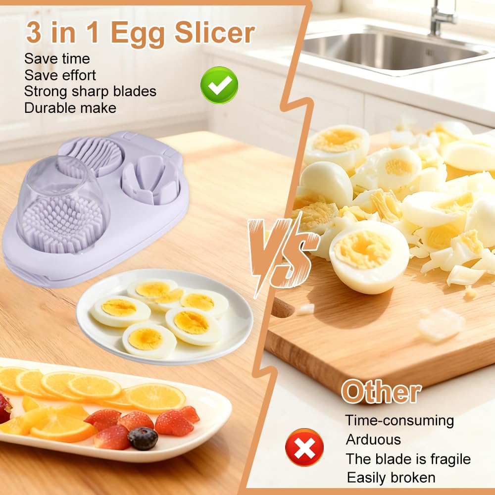 Velicber 3 in 1 Egg Slicer For Hard Boiled Eggs, 3 Slice Modes Egg Slicer with Stainless Steel Wire Egg Cutter Heavy Duty for Hard Boiled Eggs, Strawberry, Grape, Kitchen Dicer Tool
