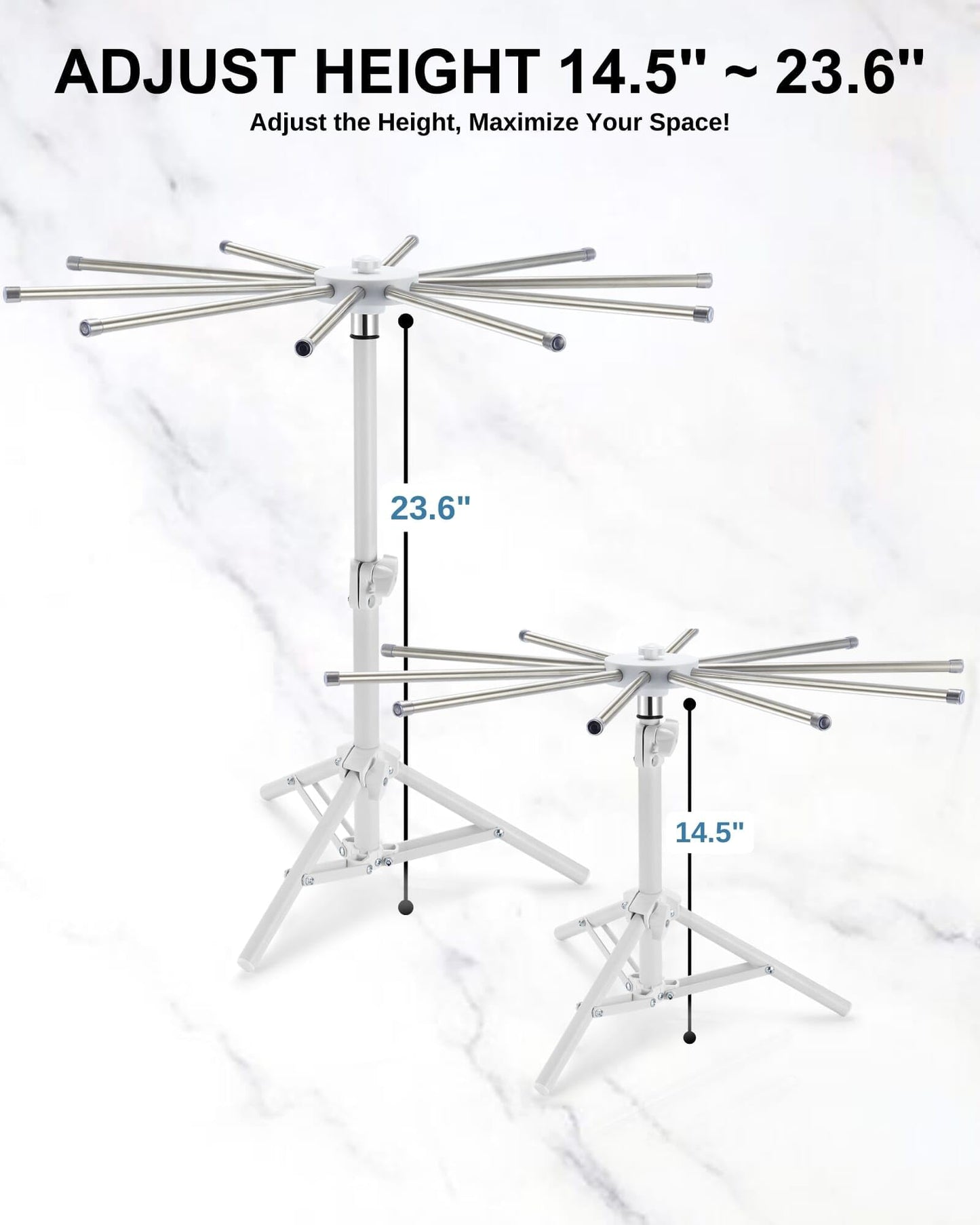 MUMSUNG Pasta Drying Rack Collapsible, 360° Rotating, Adjustable Height(14.5"-23.6"), 304 Stainless Steels Arm, Large Noodle Dryer Foldable with Ravioli Wheel for Homemade Fresh Pasta Spaghetti