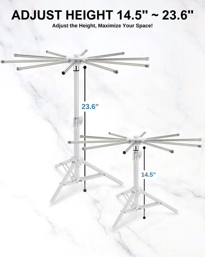 MUMSUNG Pasta Drying Rack Collapsible, 360° Rotating, Adjustable Height(14.5"-23.6"), 304 Stainless Steels Arm, Large Noodle Dryer Foldable with Ravioli Wheel for Homemade Fresh Pasta Spaghetti