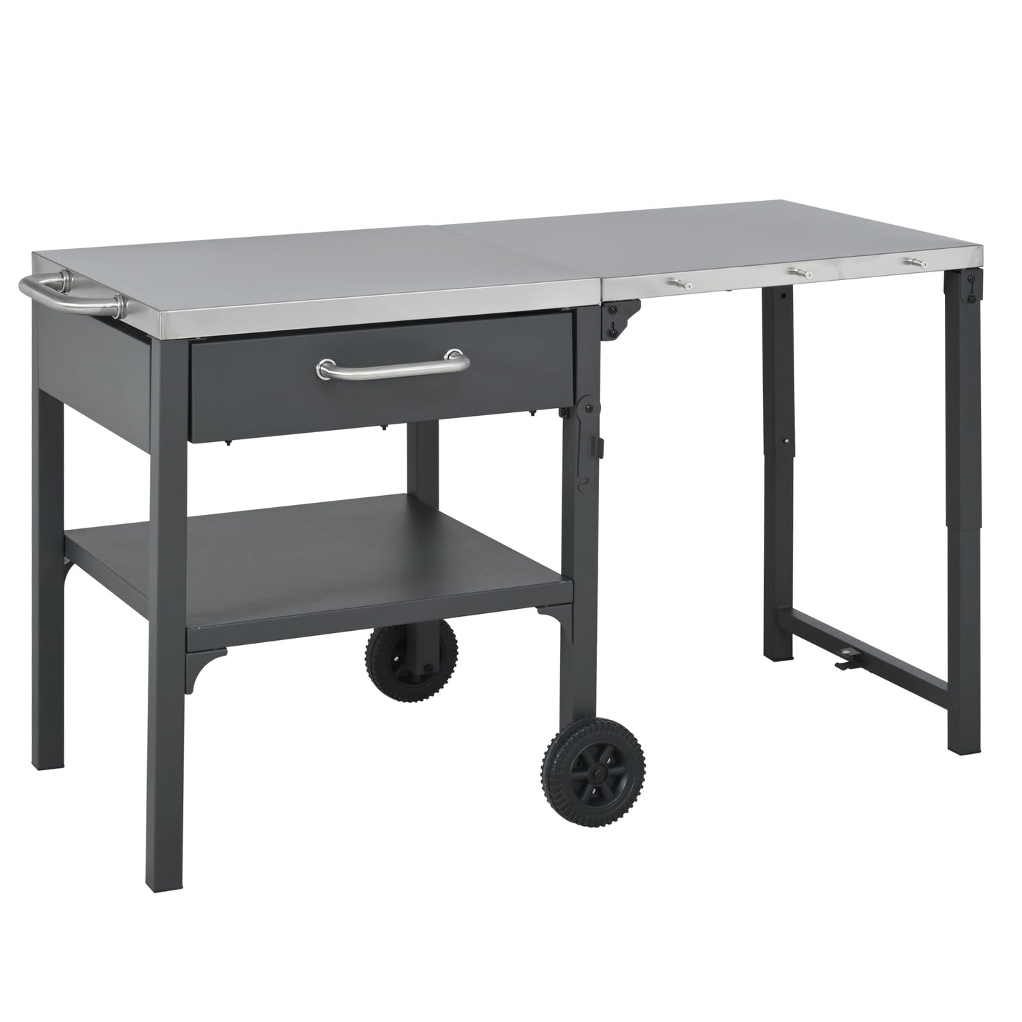 GDFStudio Outdoor Folding Kitchen Cart with Stainless Steel Top, Rolling Grill Prep Table with Drawer and Shelf, Portable Serving Cart with Wheels for Patio Backyard BBQ Cooking Station, Grey