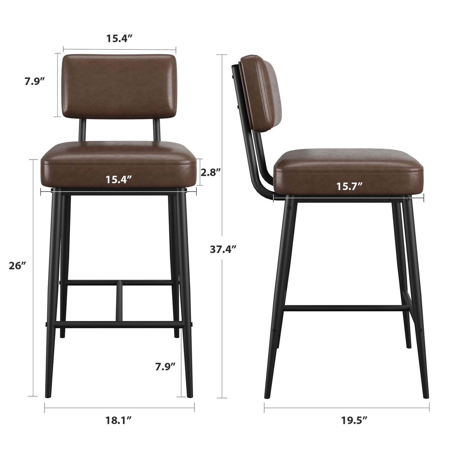 GarveeHome Bar Stools Set of 4, 26" Brown Faux Leather Counter Height Bar Stools with Backs, Modern Upholstered Barstool Chairs with Metal Legs for Kitchen Island, Home Bar, Dining Room