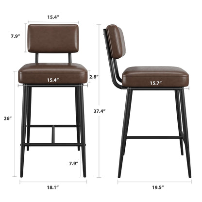 GarveeHome Bar Stools Set of 4, 26" Brown Faux Leather Counter Height Bar Stools with Backs, Modern Upholstered Barstool Chairs with Metal Legs for Kitchen Island, Home Bar, Dining Room