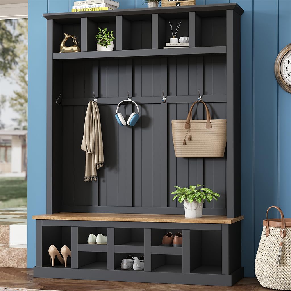 Hall Tree with Bench and Shoe Storage, 3-in-1 Entryway Furniture with Shoe Bench, 13 Open Compartments and 6 Hooks, Multifunction Hall Tree for Hallway, Entryway, Bedroom, 18"D x 59"W x 78.8"H,Black
