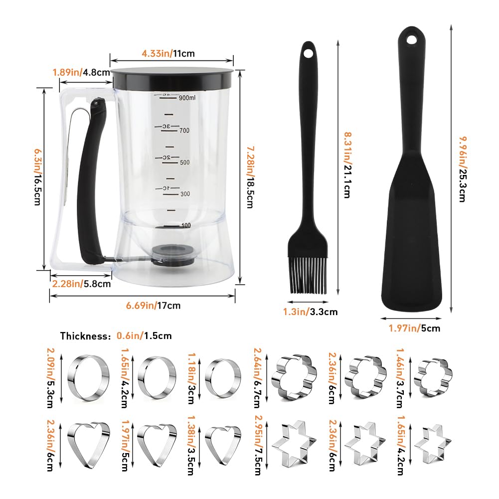 Pancake Batter Dispenser With Squeeze Handle Set, No Mess & Easy Pour, Includes Muffin, Hexagram, Heart and Flower Rings, Pastry Brush and Spatula – Ideal for Pancakes, Waffles and Cupcakes