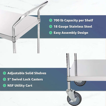 18" x 46" x 37" Stainless Steel Two Shelf Utility Cart - Commercial Heavy-Duty NSF Service Cart with Handles, Storage Rolling Shelving for Warehouse, Office, Food Service