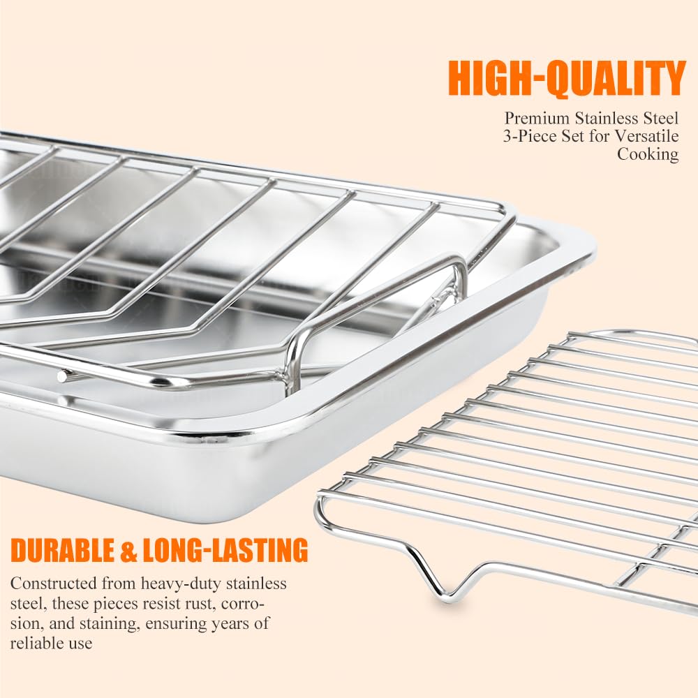 15.5 Inch Turkey Roasting Pan with V-Rack, Stainless Steel Turkey Roaster Pan for Ovens, with V & Flat Rack Meat Claws Brush, Deep Broiling Pan for Turkey Chicken Ham