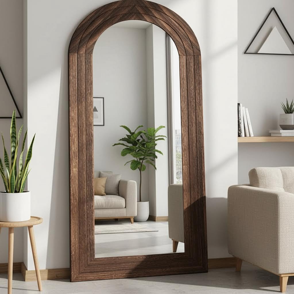 ITSRG Full Length Mirror with Solid Wood Frame, Arched Wall Miiror, 71x32 Farmhouse Wall Mounted Floor Mirror with Stand, Floor Mirror Freestading, Brown