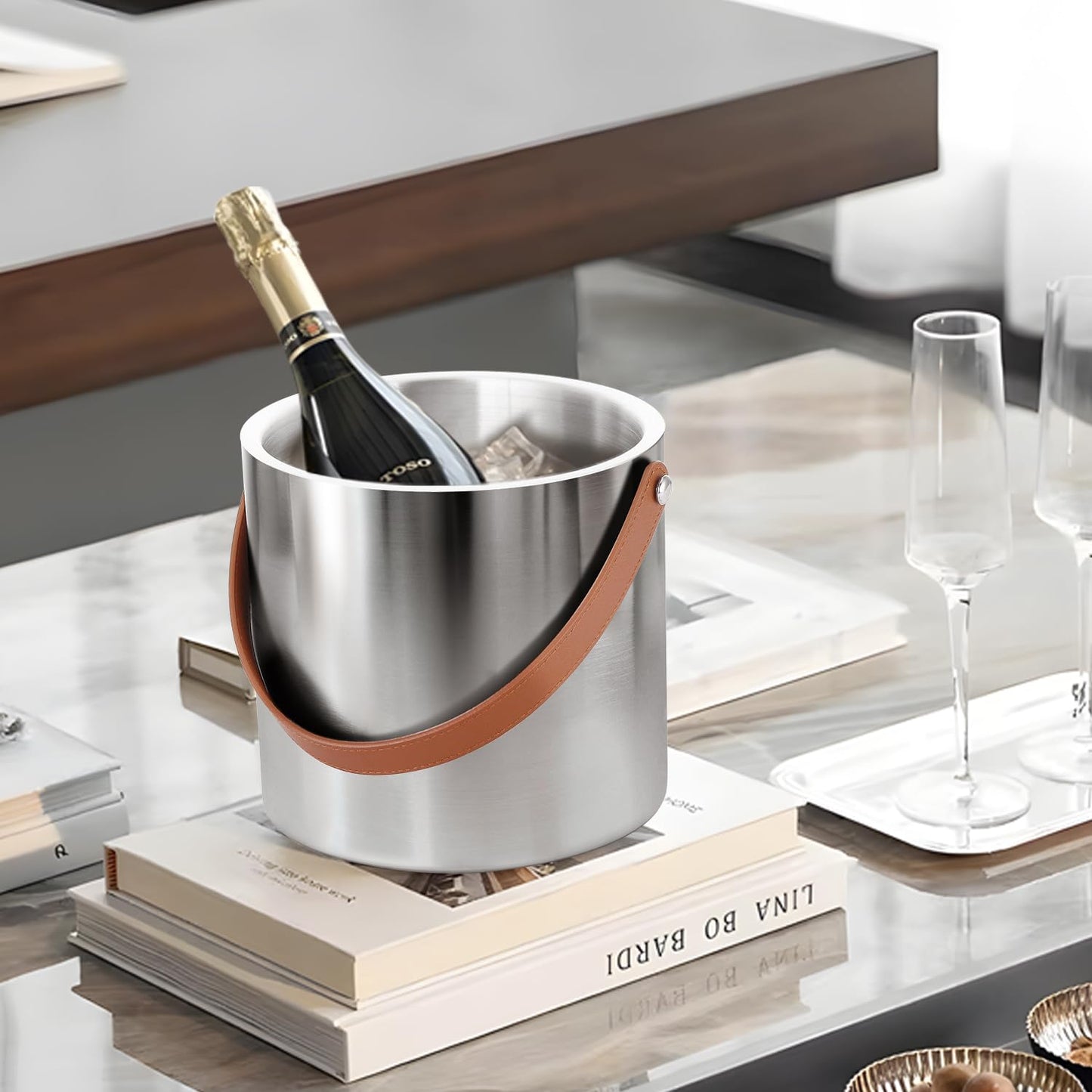 Bakpoco Double-Wall Vacuum Insulated Ice Bucket with Lid, Scoop, Ice Tong, Strainer & Leather Handle Keep Ice Frozen Longer Large Wine Ice Buckets for Cocktail Bar,Parties Chilling Beer Champagne 3L