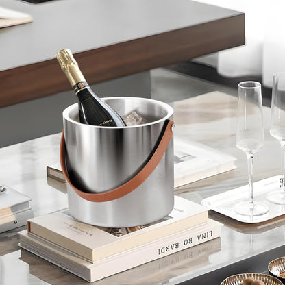 Bakpoco Double-Wall Vacuum Insulated Ice Bucket with Lid, Scoop, Ice Tong, Strainer & Leather Handle Keep Ice Frozen Longer Large Wine Ice Buckets for Cocktail Bar,Parties Chilling Beer Champagne 3L