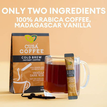 Cusa Tea & Coffee | Premium Instant Vanilla Dark Roast | Rainforest Alliance Certified Arabica Beans | Hot or Cold Brew Drink Mix Packets (30 Single Servings)