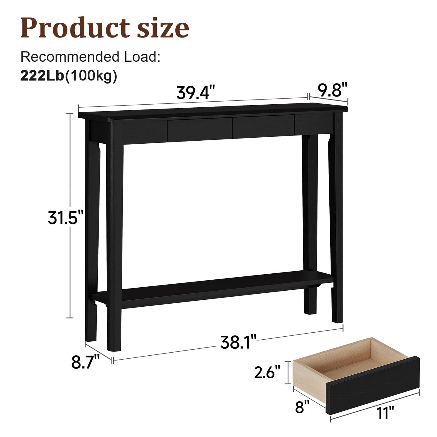 AQIMUELE Wood Console Table with Drawers, Mid Century Modern Console Table Black for Entryway, Living Room, Hall Way.