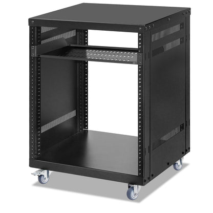 12U Rack with Caster Wheels, Heavy-Duty AV Rack with Adjustable Steel Shelf, Open Frame Server Rack for IT, AV, Data & Computer Equipment, 500lb Capacity, 19.7" W x 17.7" D x 26.8" H