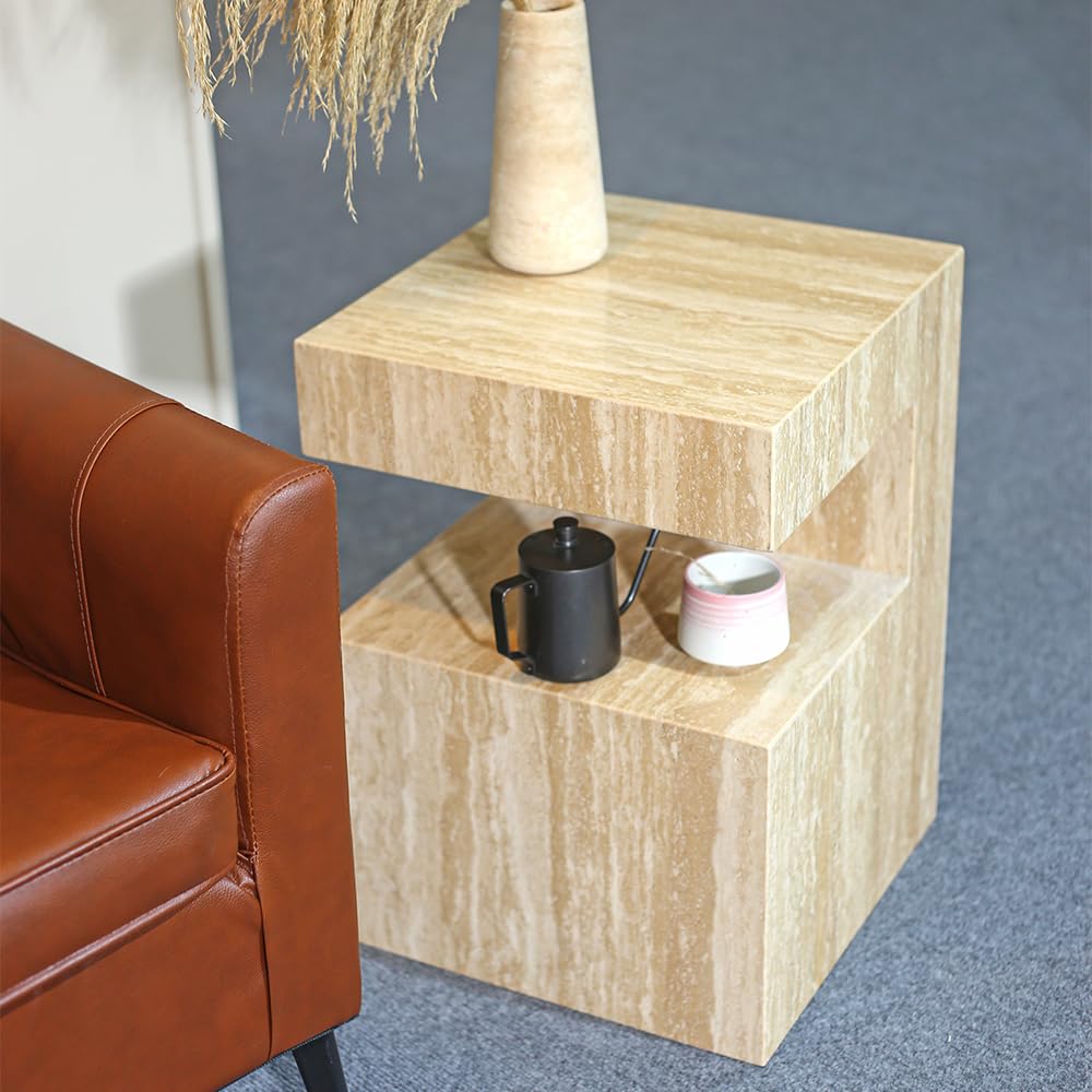 Italian Travertine C-Shaped End Table, Luxurious Natural Stone Coffee Table Suitable for for Living Room Bedroom Bathroom Small Spaces, No Installation Travertine Sofa Table for Modern Home Decor