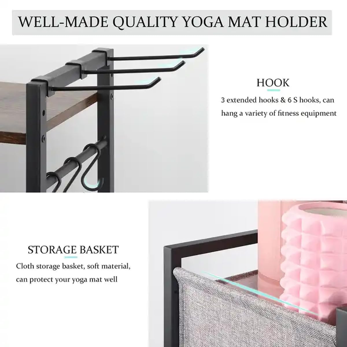 KOMFGT Yoga Mat Holder Storage Rack, Yoga Mat Storage Racks for Dumbbells Kettlebells Foam Roller, with Hooks and Wheels,Black (White)