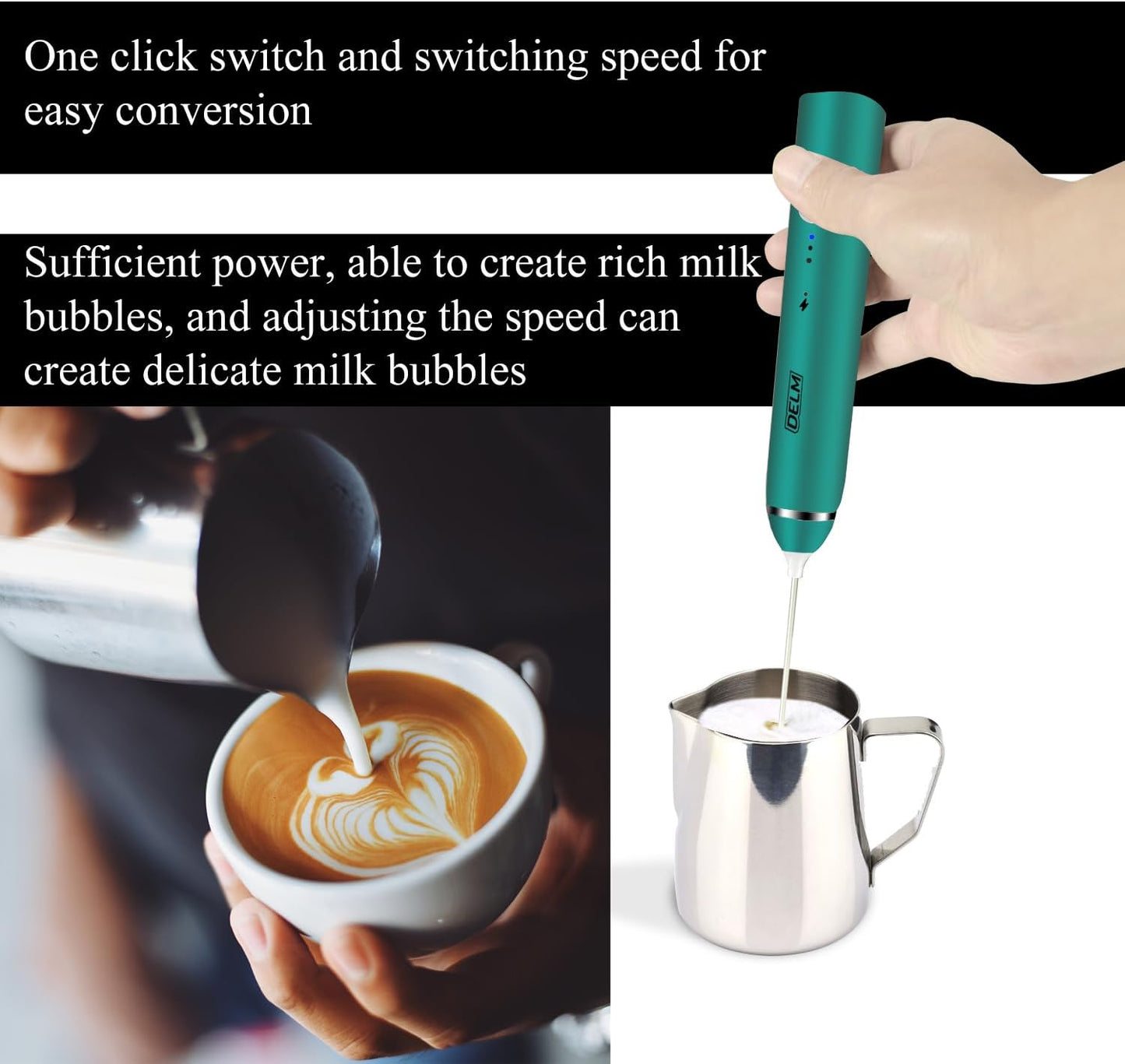 DELM Electric Milk Frother, Rechargeable Handheld Drink Mixer, Kitchen Aid, USB Rechargeable Bulletproof Frother (Green)