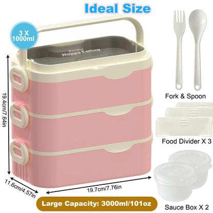 Kenuket Bento Box Adult Lunch Box, Stackable 3 Layers Large Capacity Lunch Containers, Microwave and Dishwasher Safe Food Grade Containers with Utensils, Dividers and Sauce Boxes for Men, Women, Kids