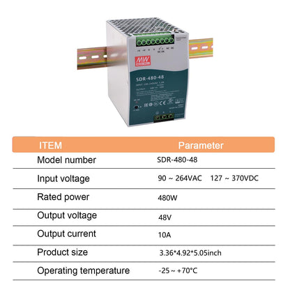 MedInnov SDR-480-48 480W 48V 10A High Power Industrial Power Supply - Robust and Reliable for Demanding Electromechanical Equipment Applications, DIN Rail Mount