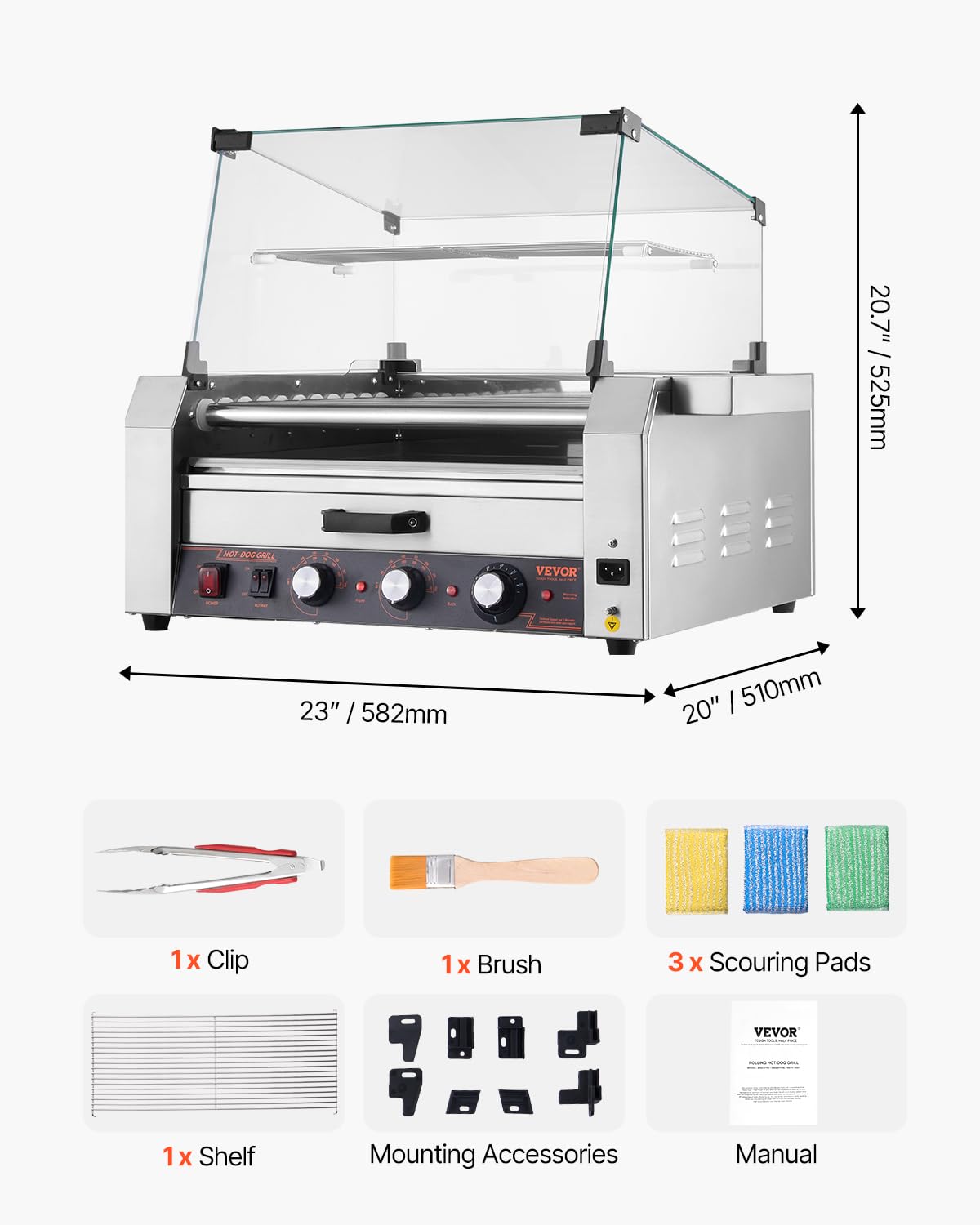 VEVOR Hot Dog Roller, 30 Hot Dog 11 Rollers, Stainless Steel Sausage Grill Cooker, 1950W Hot Dog Machine with Bun Warmer, Cover, 3 Temp Control, Side Storage Box, Oil Drip Tray, for Home & Commercial