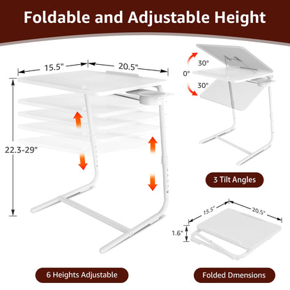 TV Trays Set of 2 - Folding TV Tray Adjustable Dinner Trays for Eating On Couch Wooden Tables Mate Stand Foldable White Desk with Cup Holder Portable