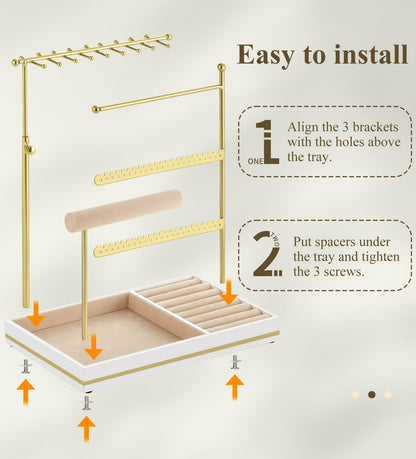 Emibele Jewelry Holder, Jewelry Organizer Stand Necklace Earrings Bracelet Holder, 5 Tier Jewelry Display Tower Rack with Metal Frame and Velvet Ring Tray, Aesthetic Jewelry Stand Gift for Women, Gold