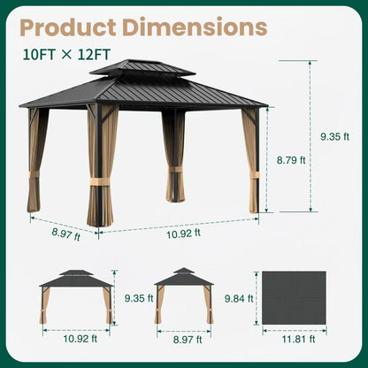 SOLUMIA 10x12ft Hardtop Gazebo, Metal Pavilion with Mesh Mosquito Netting & Curtains, All-Weather Outdoor Pergola for Garden, Patio, and Backyard（A Set of 2 Boxes）