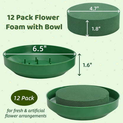 Dicunoy 12 Pack Flower Foam with Bowl, 6.5 Inch Round Wet Floral Blocks Bulk, DIY Arrangement Bowl Kit for Fresh Artificial Flower, Florist Plant Foam for Wedding Centerpiece Decor