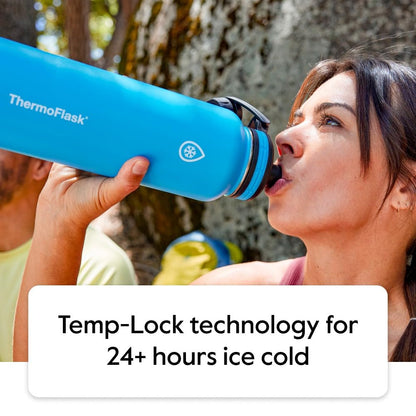 ThermoFlask Stainless Steel Water Bottles 2-Pack - Double-Wall Vacuum Insulated 24 oz BPA-Free Spout Lids - Keeps Drinks Cold 24 Hrs, Hot 12 Hrs - Leakproof, Dishwasher Safe, Mayan Blue/Black