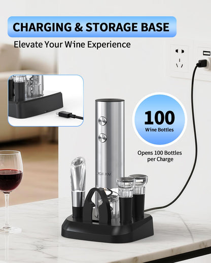 CIRCLE JOY Electric Wine Opener Stainless Steel Rechargeable Automatic Wine Bottle Opener Set 7-in-1 Wine Gifts for Wine Lovers with Charging Base, Foil Cutter, Wine Aerator Pourer & 2 Vacuum Stoppers