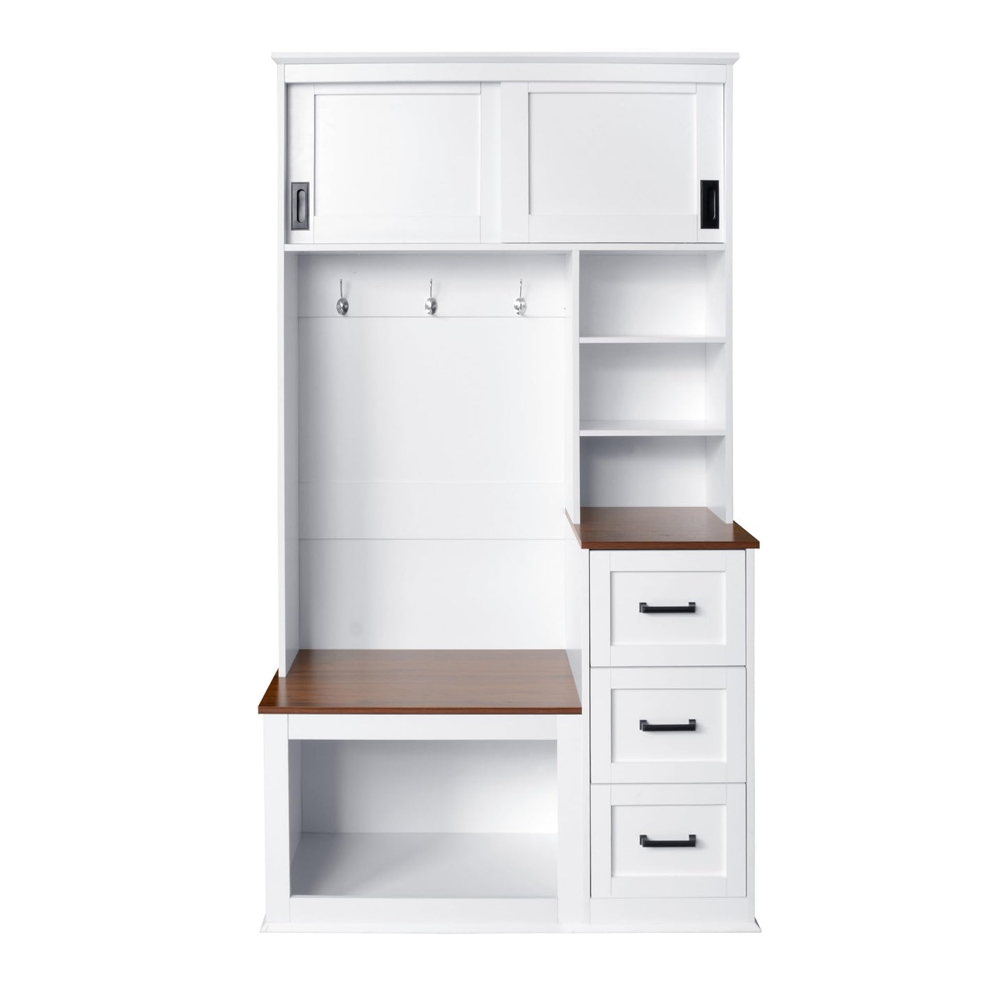 Virubi Modern Entryway Shoe Bench with Coat Rack & Storage – 40.2" Wide Hall Tree with 3 Hooks, 3 Drawers, Shelves & Seating for Hallway, Living Room – Sturdy White/Wood Finish, Easy Assembly