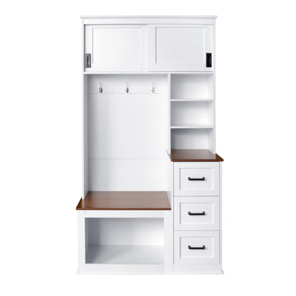 Virubi Modern Entryway Shoe Bench with Coat Rack & Storage – 40.2" Wide Hall Tree with 3 Hooks, 3 Drawers, Shelves & Seating for Hallway, Living Room – Sturdy White/Wood Finish, Easy Assembly