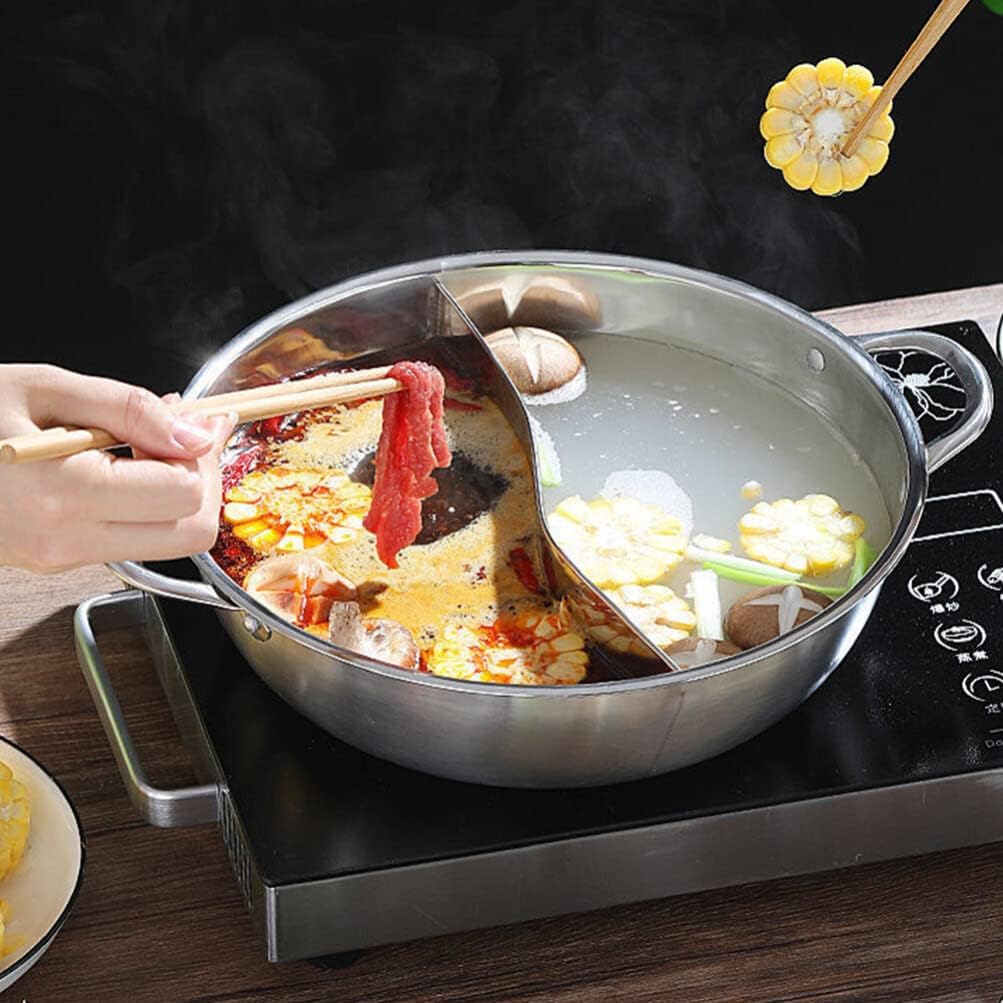 UPKOCH Stainless Steel Pot with Divider, Weldless Hot Pot for Two-flavor Soup, Shabu Shabu Pot, Induction Cookware, 28cm