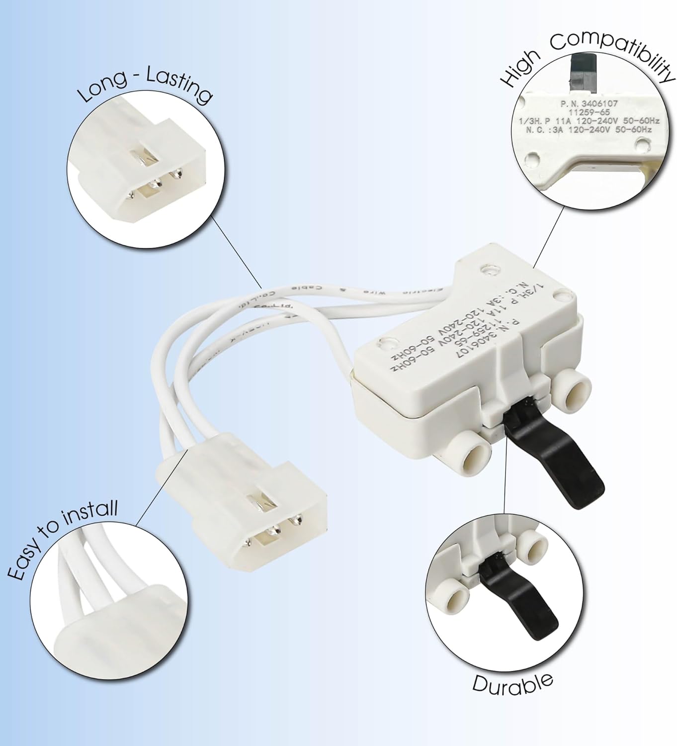 Replacement Part WP3406109 Dryer Door Switch - Compatible with Whirlpool Kenmore Maytag Roper Estate Sear
