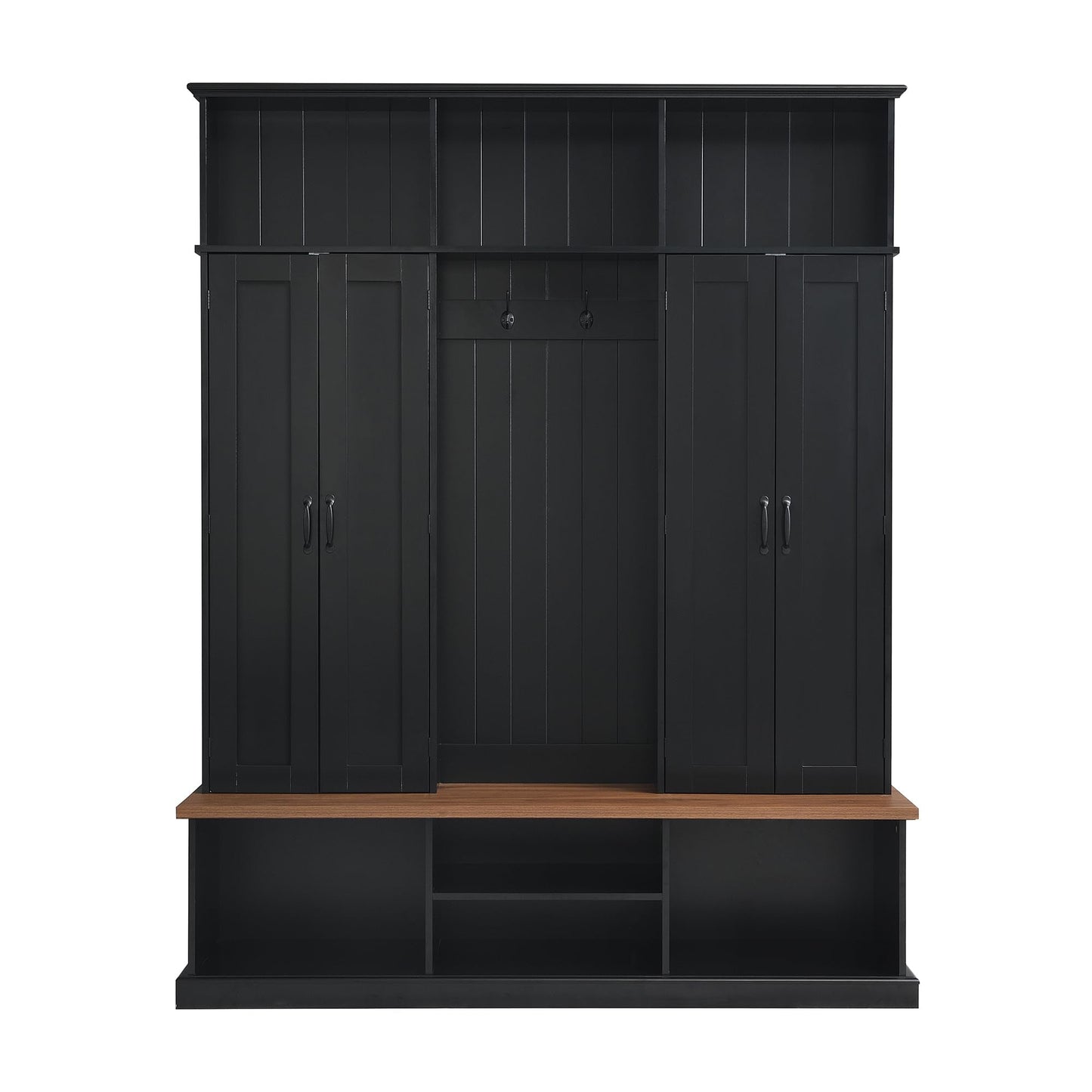 Merax 62.2''W Entryway Hall Tree with Bench, 3 Top Cubbies & Bottom Storage Space, Farmhouse Coat Rack with Hooks & Cabinets for Entryway, Hallway, Mudroom, Living Room
