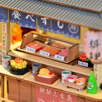 DIY Japanese Sushi Restaurant Food Truck Architectural Model Miniature Dollhouse Kit 3D Wooden Puzzle Mini Dollhouse with LED Lights and Dust Cover for Friends and Family