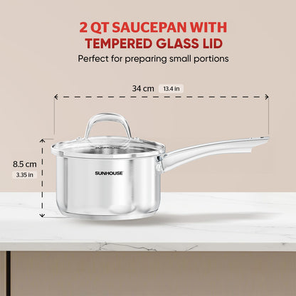 SUNHOUSE – 2 Quarts Stainless Steel Sauce Pan with Lid - PFOA-Free, Stainless Steel Sauce Pan, Advanced Impact Bonding Induction Base, Stay-Cool Handle, Compatible with All Cooktops
