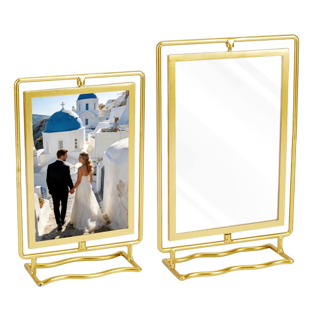 PH PandaHall 2pcs Rotating Photo Frame, Gold Metal Acrylic Picture Frame Double Sided Floating Stand 360° Rotation Photo Display for 4x6in/5x7in Photos Home Office Gift, 2 Sizes