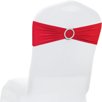 MDS Premium Spandex Chair Sashes - Stretchy Bow Covers with Buckle Slider | Universal Fit for Weddings & Events - Red