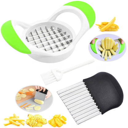 Crinkle Cutter, Stainless Steel Wavy Chopper Slicer Vegetable Salad Garnishing Tools with Cleaning Brush, Fry Cutter for Potatoes (3-piece Set)