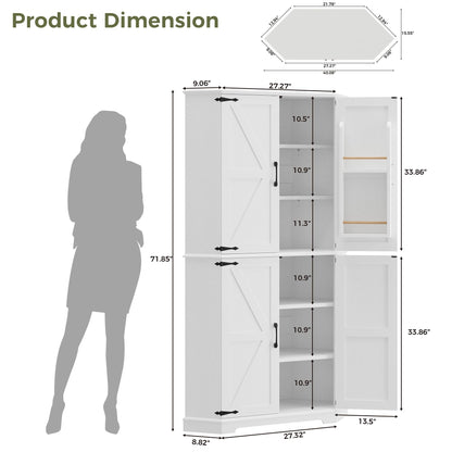 IRONCK Corner Cabinet, 72" Kitchen Pantry Cabinet, 6-Tier Freestanding Farmhouse Pantry with 2 Adjustable Shelves, 240°Swivel Doors, 2 Doors Storage, Spacious Hutch for Kitchen, Living Room, White