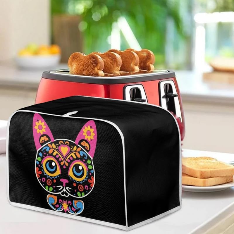 Toaster Cover 2 Slice, Sugar Skull Cat Black, Day of Dead Cartoon Cats, Washable Protective Cover with Hang Loop