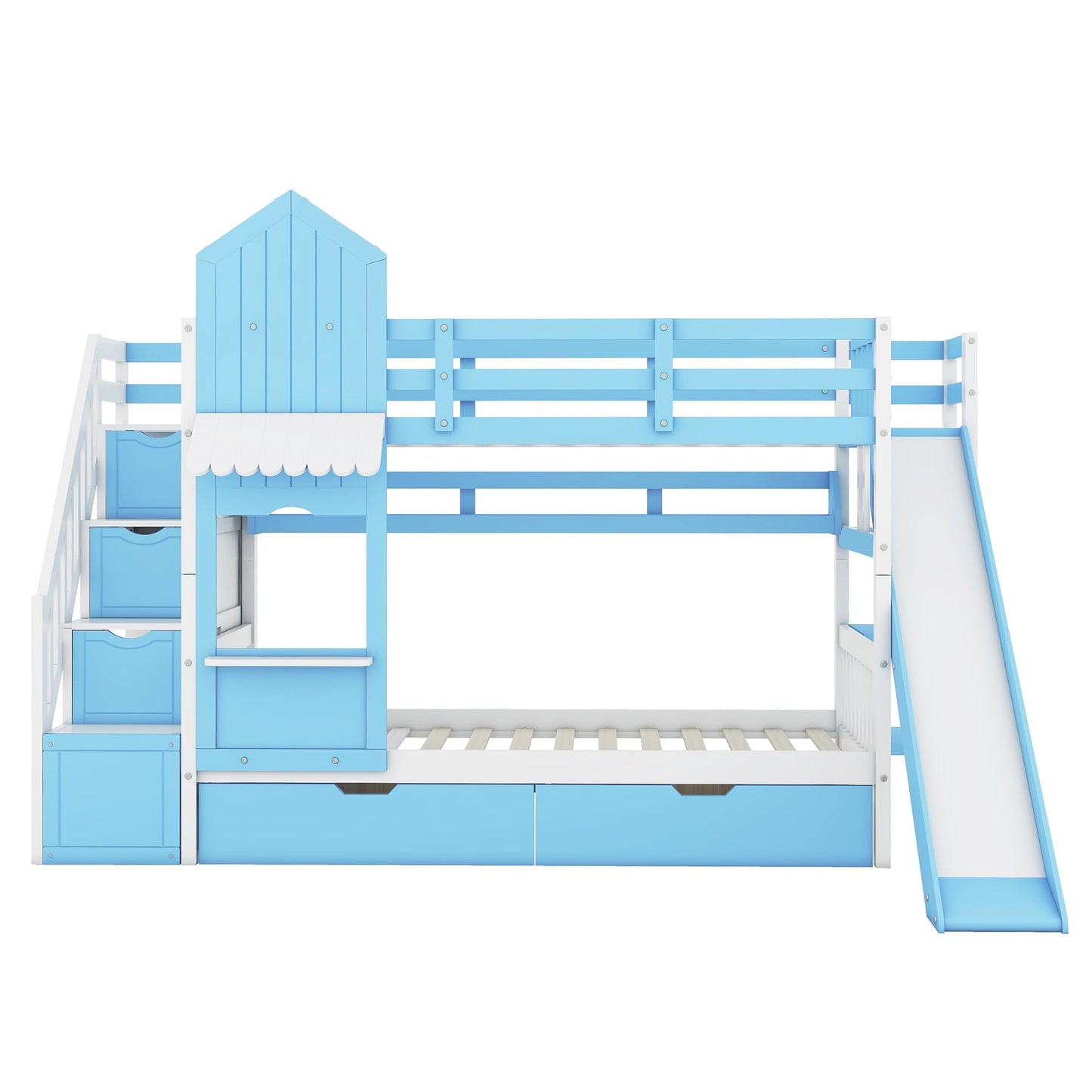 Twin-Over-Twin Bunk Beds Castle Style Bunk Bed with 2 Drawers 3 Shelves and Slide - Blue